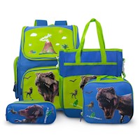 Mochila Kawaii 4 Piezas para Niños Diseño Dinosaurio Verde KW4